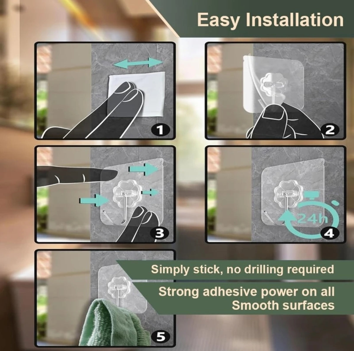 Premium Self-Adhesive Wall Hooks – Strong No-Drill Hooks for Kitchen, Bathroom & Home Organization